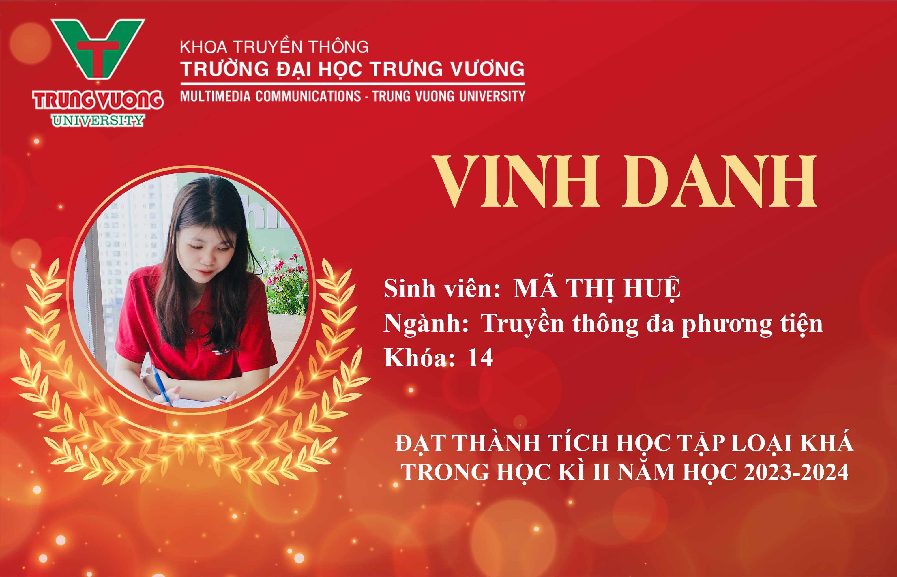 Vinh danh sinh viên Mã Thị Huệ - Ngành Truyền thông đa phương tiện K14 và được Khoa trao tặng học bổng miễn 50% học phí học kỳ 3 năm học 2023 - 2024